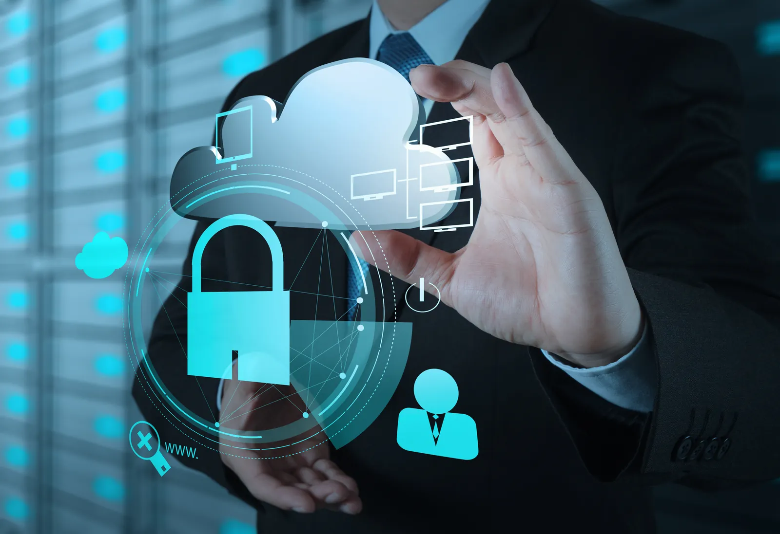 Hand holding a cloud icon with a padlock and user icons showing secured cloud access