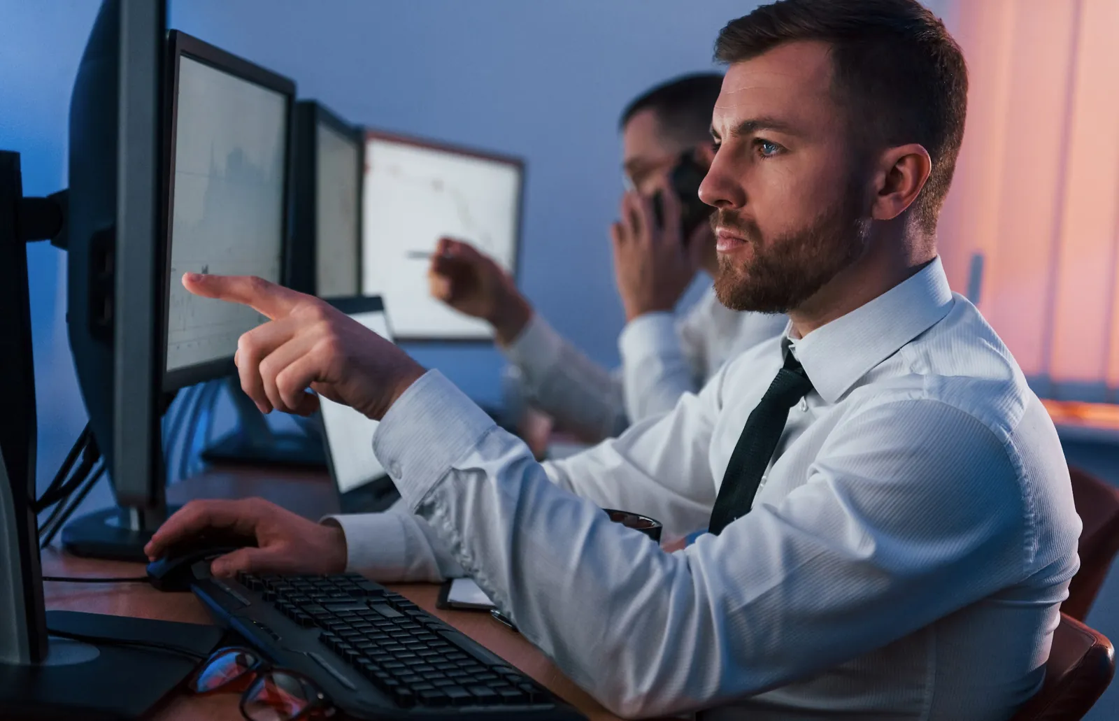IT specialist pointing at a monitor while reviewing a business system with a colleague