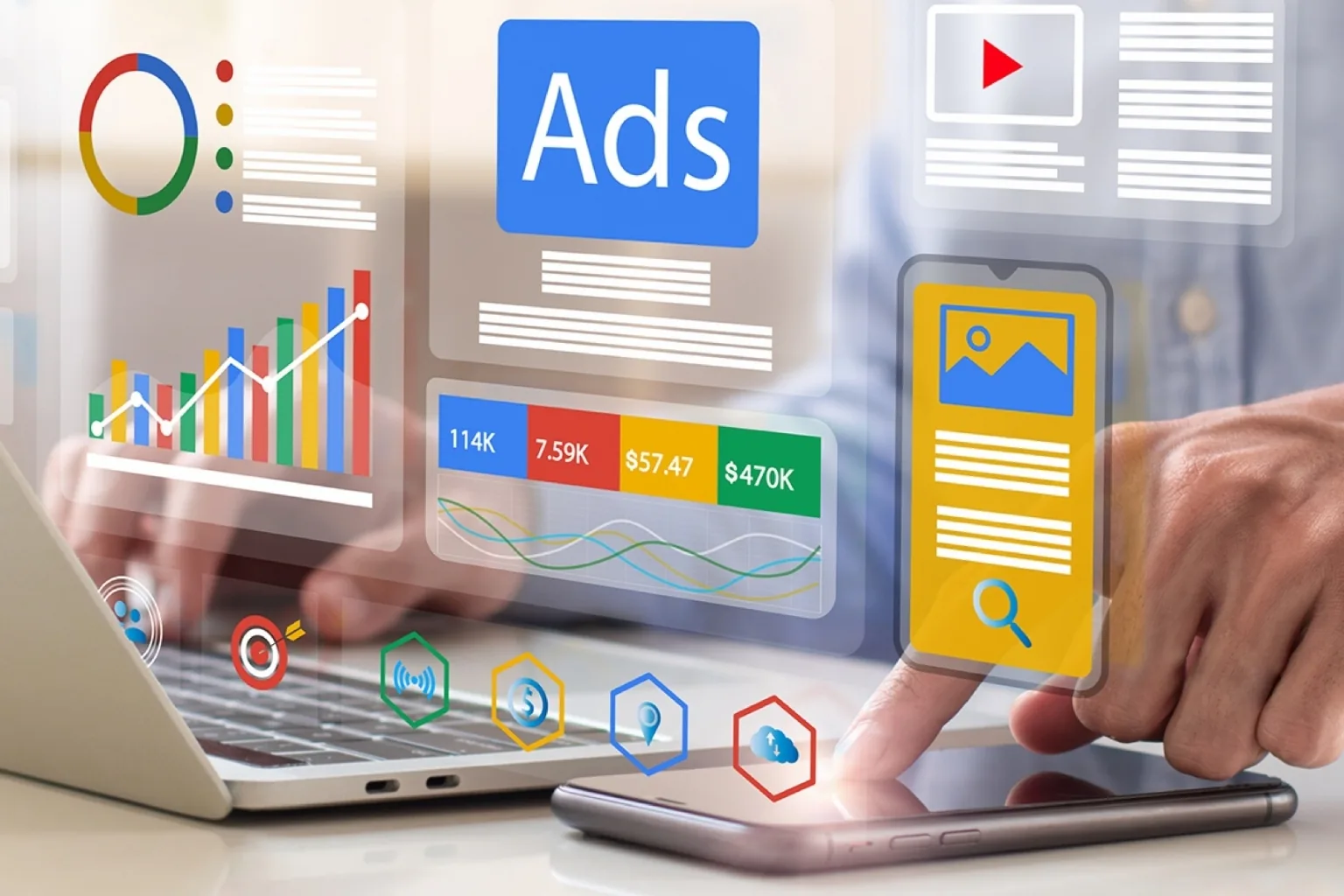 Marketing dashboard with Google Ads campaign metrics for a local business