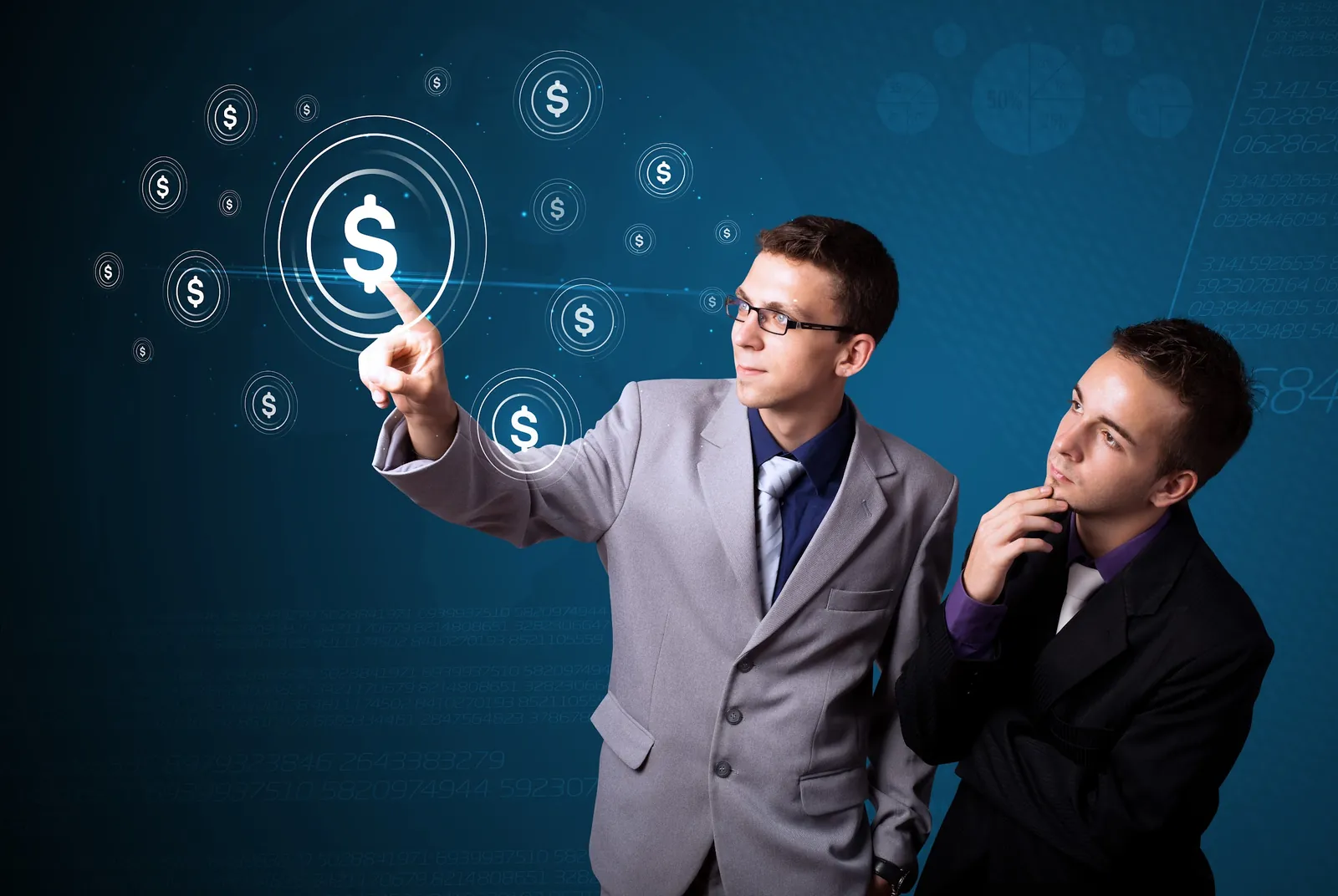 Two business people reviewing cost icons while planning an IT package